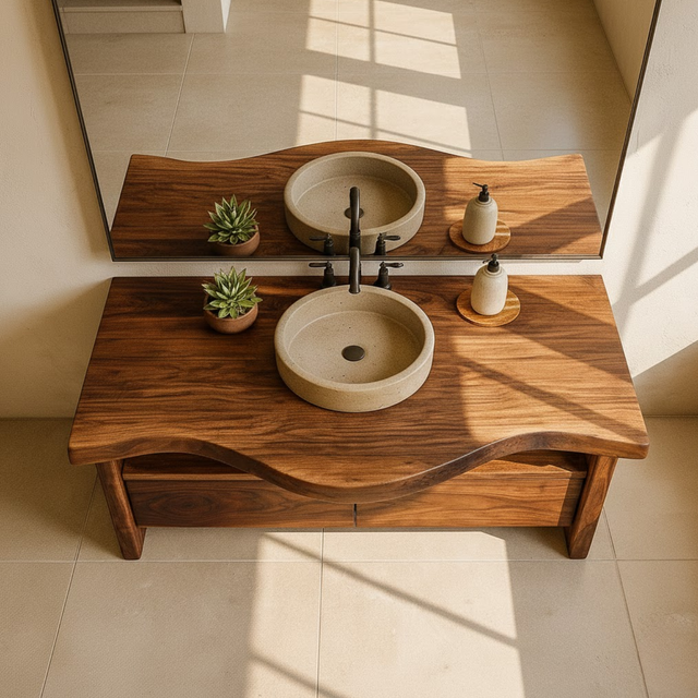 Handcrafted Solid Wood Bathroom Vanity with Live-Edge Walnut Top and Modern Storage Drawers