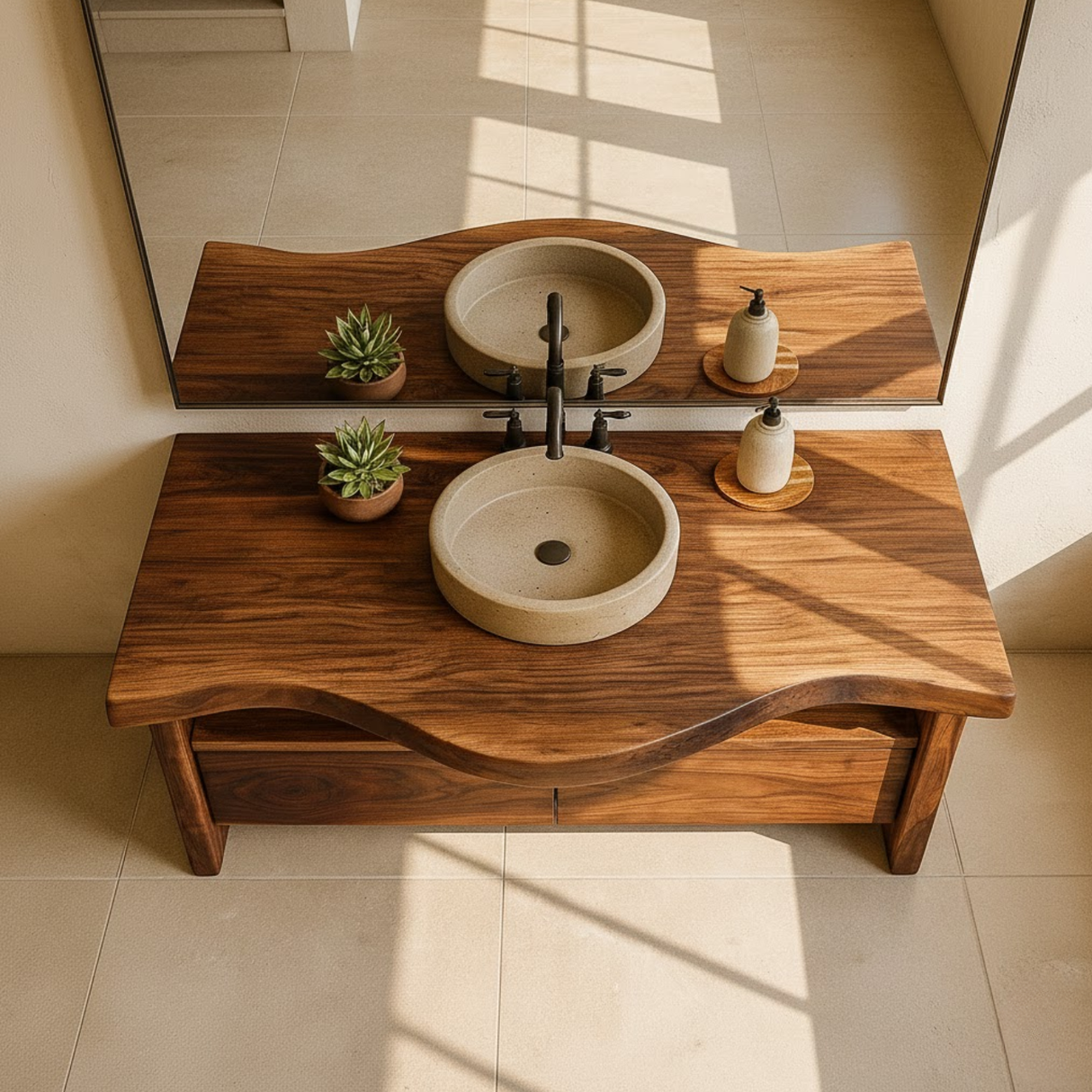 Handcrafted Solid Wood Bathroom Vanity with Live-Edge Walnut Top and Modern Storage Drawers