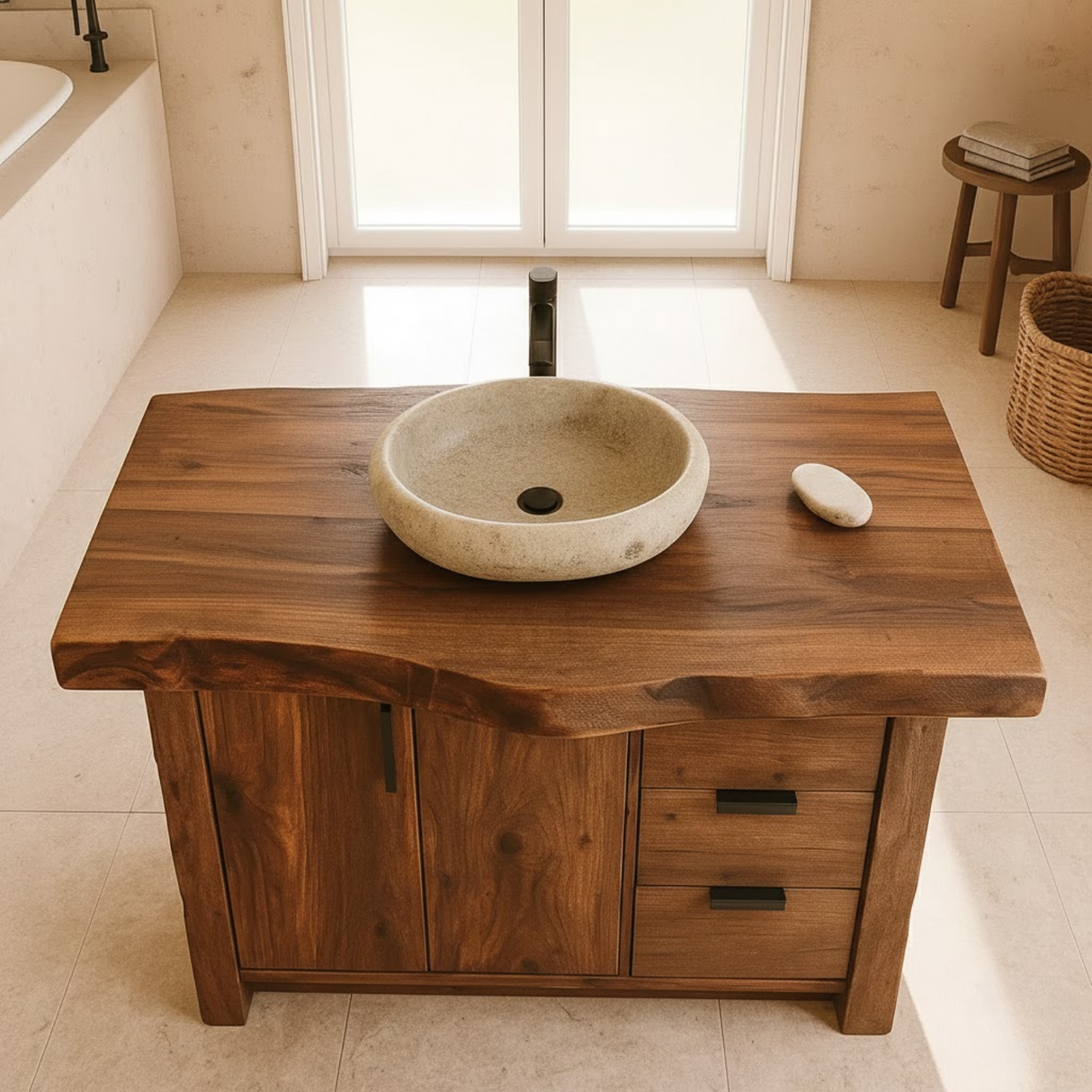 Handcrafted Solid Wood Bathroom Vanity with Live-Edge Top and Modern Storage Drawers