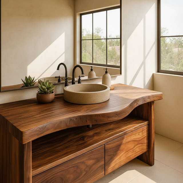 Handcrafted Solid Wood Bathroom Vanity with Live-Edge Walnut Top and Modern Storage Drawers
