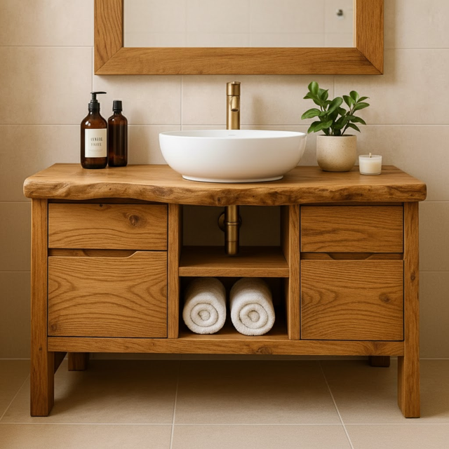 Handcrafted Solid Wood Bathroom Vanity with Live Edge Oak Top and Storage Shelves