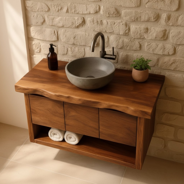 Handcrafted Solid Wood Floating Bathroom Vanity with Live Edge Top - Rustic Modern Washstand