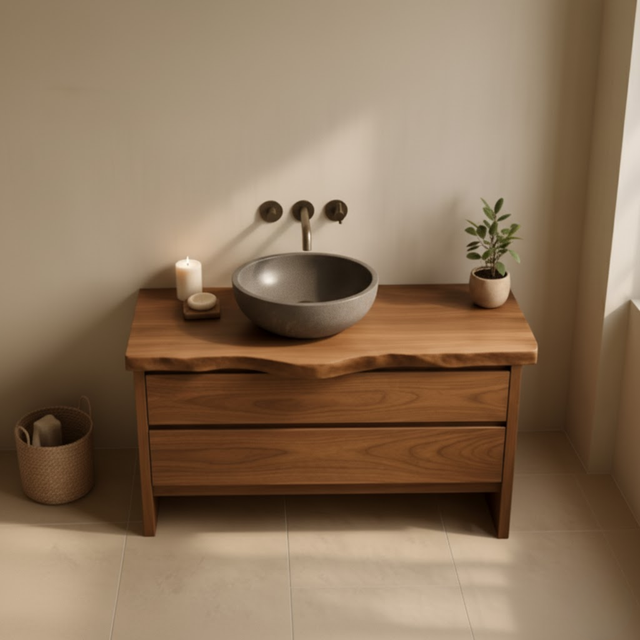 Handcrafted Solid Wood Bathroom Vanity with Live Edge Top - Rustic Modern Washstand
