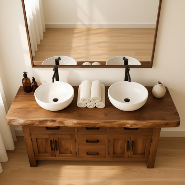 Handcrafted Solid Wood Bathroom Vanity - Live Edge Rustic Cabinet with Doors & Sink