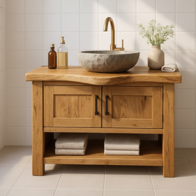 Handcrafted Solid Wood Bathroom Vanity - Rustic Live Edge Cabinet & Open Shelf