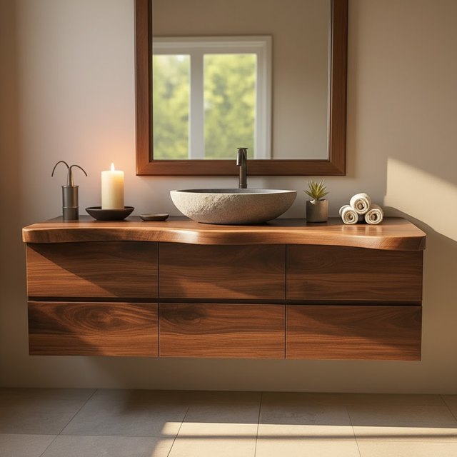 Handcrafted Solid Wood Vanity - Wide Floating Live Edge Cabinet with Drawers