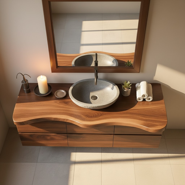 Handcrafted Solid Wood Vanity - Wide Floating Live Edge Cabinet with Drawers