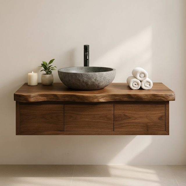 Handcrafted Solid Wood Floating Vanity - Live Edge Wall-Mounted Cabinet