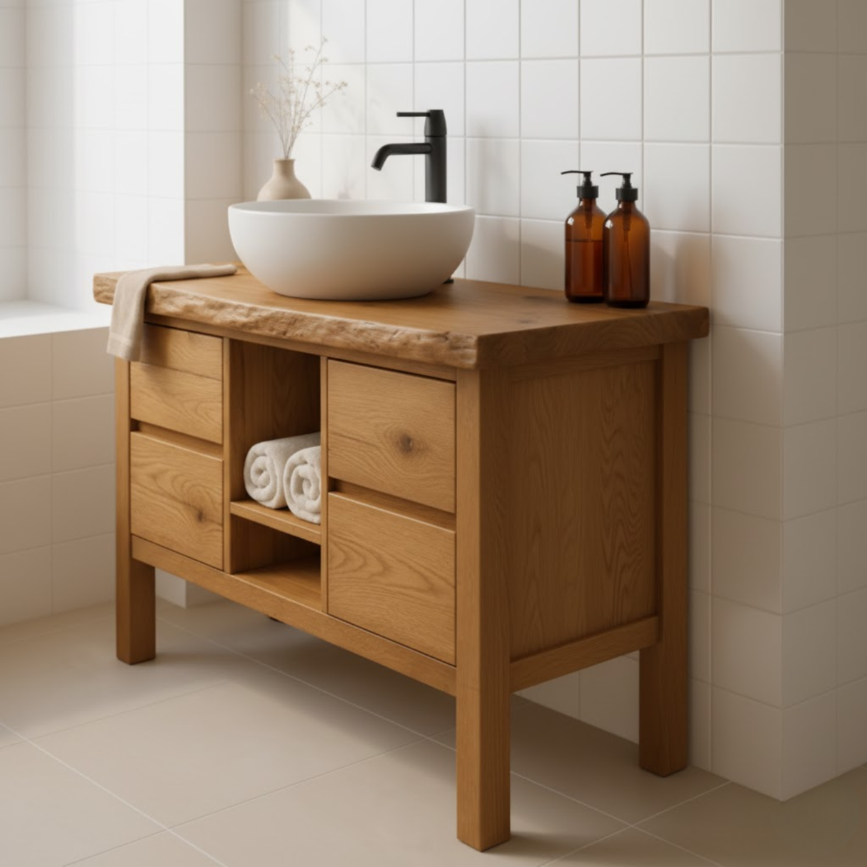 Handcrafted Solid Wood Bathroom Vanity - Live Edge Top with Drawers & Open Shelf Storage