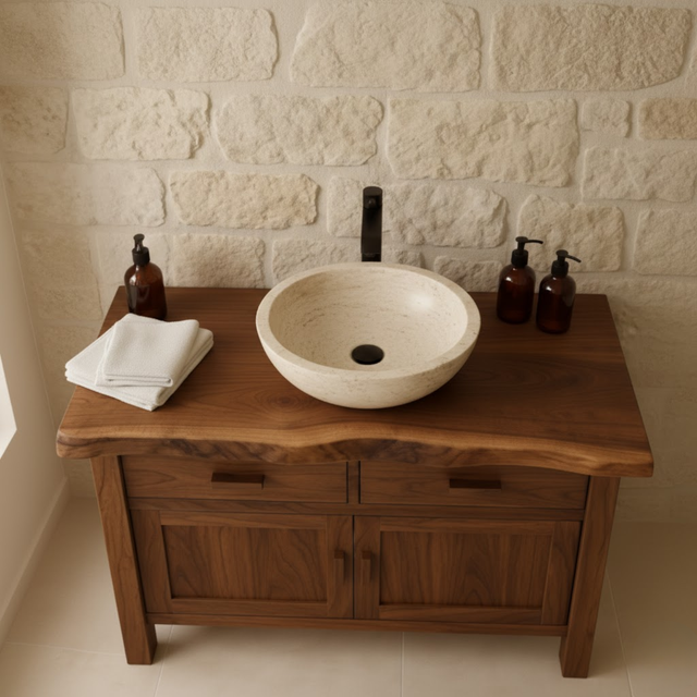 Handcrafted Solid Wood Bathroom Vanity - Live Edge Top Cabinet with Drawers & Doors