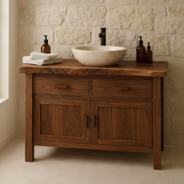 Handcrafted Solid Wood Bathroom Vanity - Live Edge Top Cabinet with Drawers & Doors