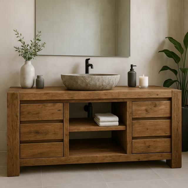 Handcrafted Solid Wood Bathroom Vanity - Wide Rustic Storage Cabinet with Drawers & Shelf