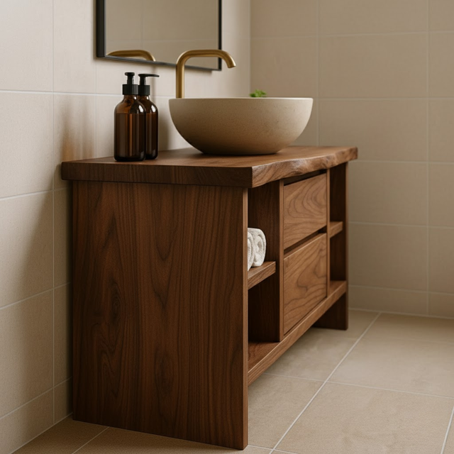 Handcrafted Solid Wood Single Vanity - Rustic Walnut Live Edge Bathroom Console
