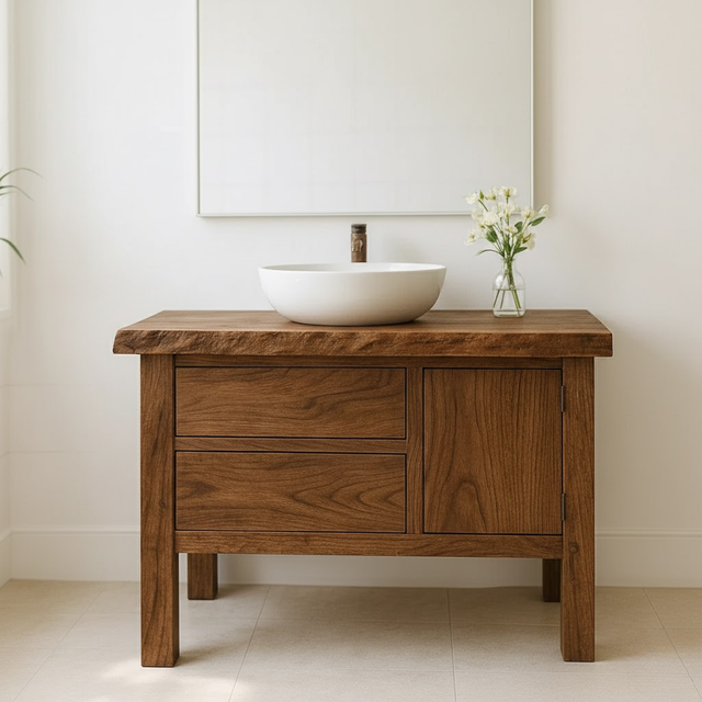 Handcrafted Solid Wood Bathroom Vanity - Live Edge Top, 2 Drawers & Single Door Cabinet