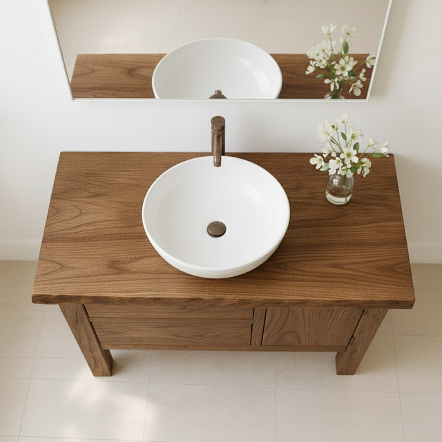 Handcrafted Solid Wood Bathroom Vanity - Live Edge Top, 2 Drawers & Single Door Cabinet