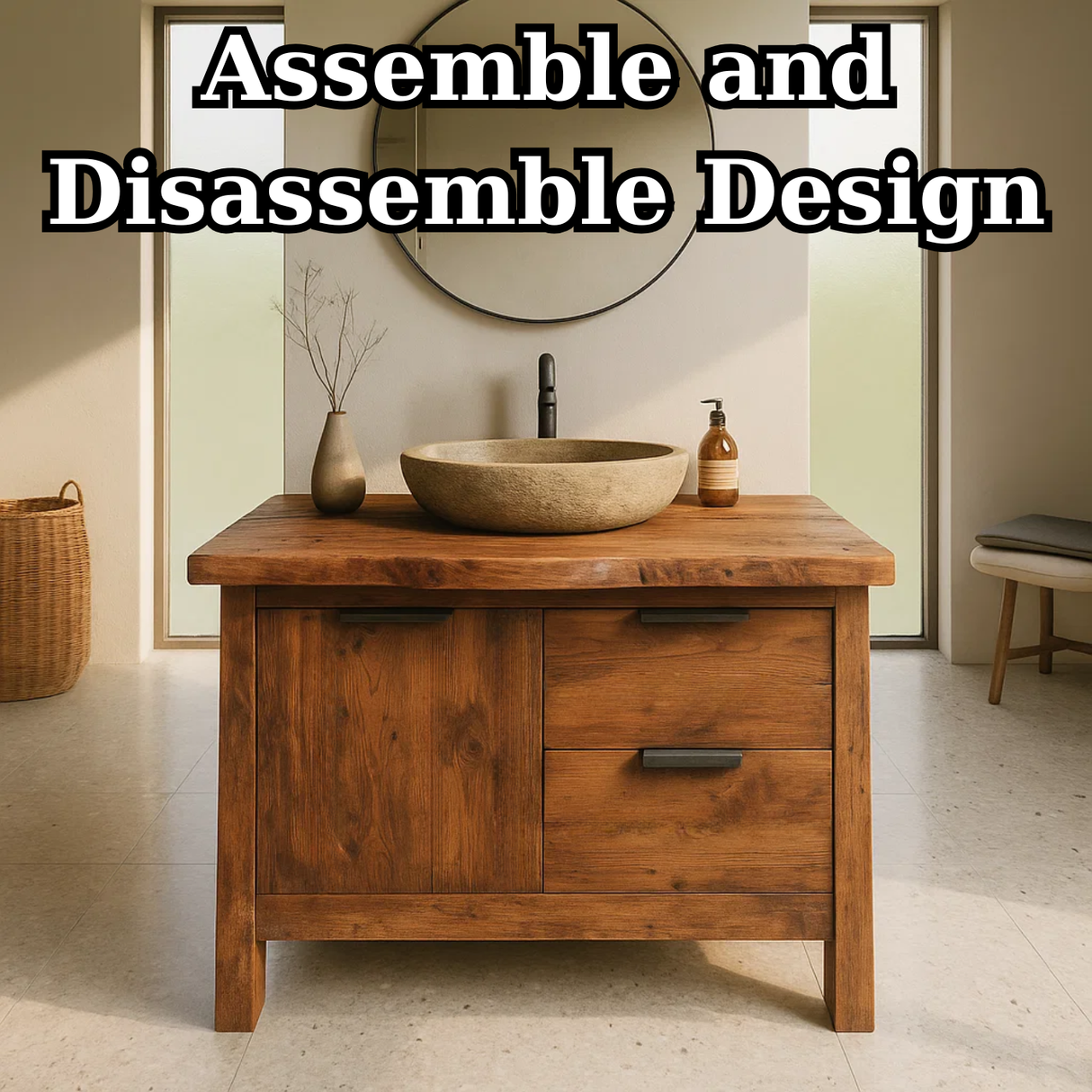 Handcrafted Solid Wood Bathroom Vanity with Live-Edge Top and Modern Drawer Design