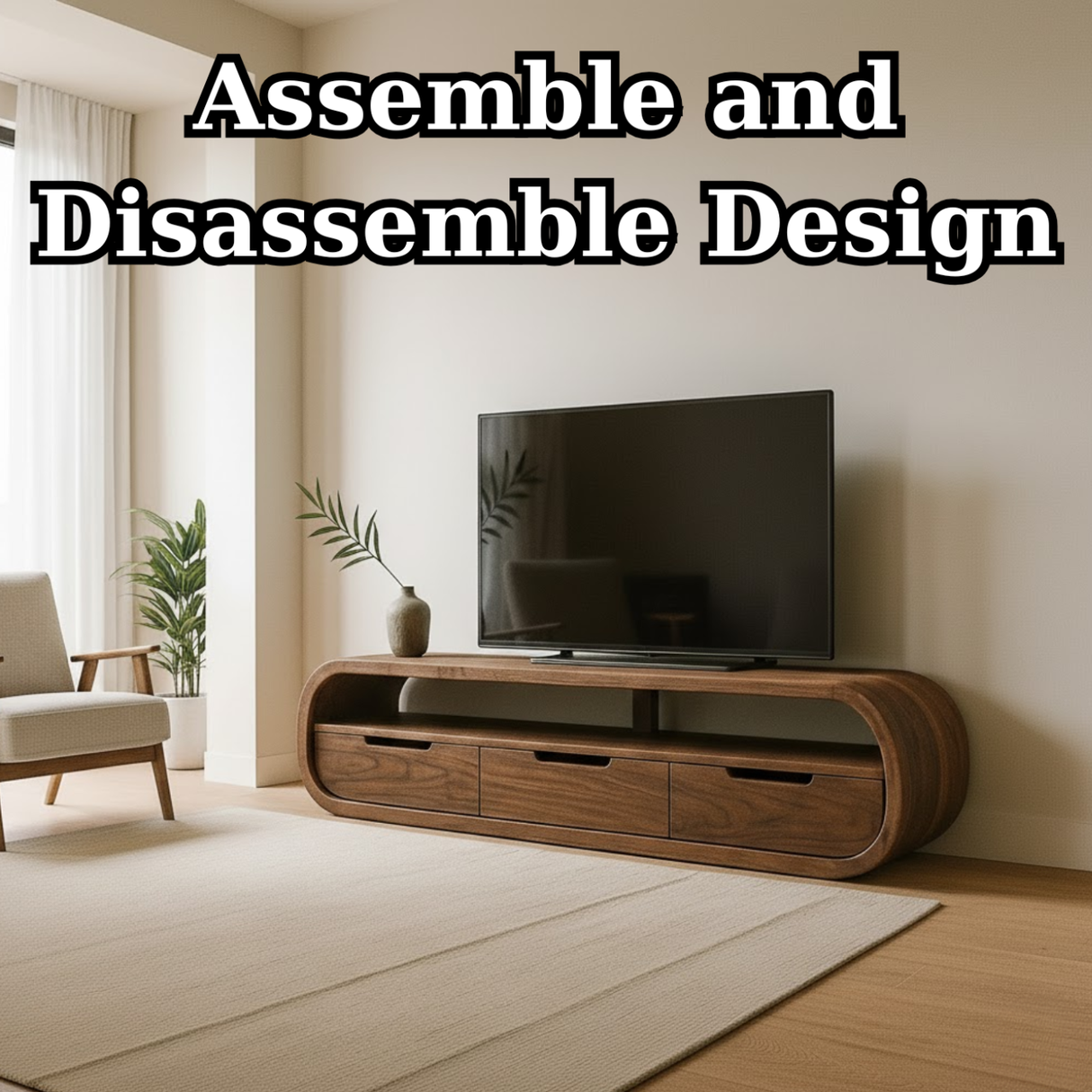 Handcrafted Solid Wood TV Stand - Modern Curved Console, Easy Assembly, 3 Drawers