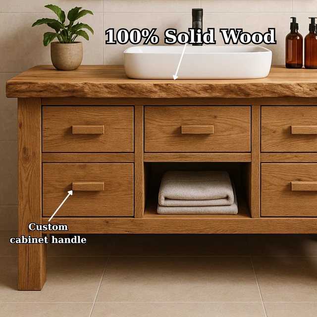 Handcrafted Solid Wood Bathroom Vanity - Live Edge Storage Cabinet with 6 Drawers & Shelf