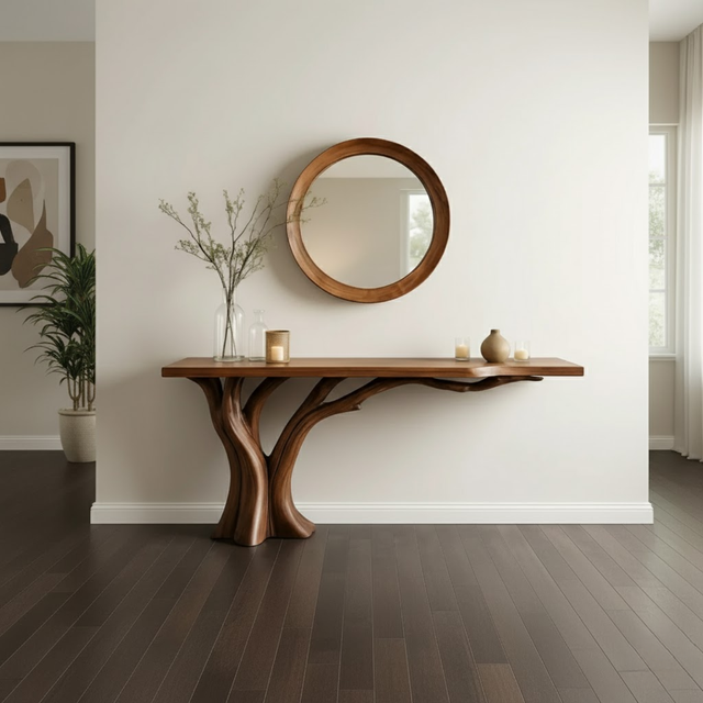 Handcrafted Solid Wood Entryway Console Table with Organic Branch Design