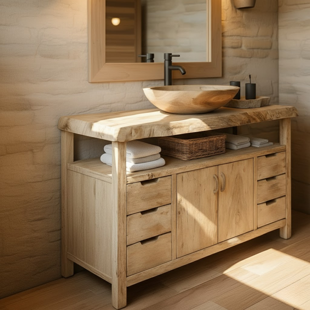 Handcrafted Solid Wood Bathroom Vanity with Live Edge Maple Top and Six Storage Drawers