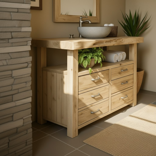 Handcrafted Solid Wood Bathroom Vanity with Live Edge Maple Top and 6 Storage Drawers