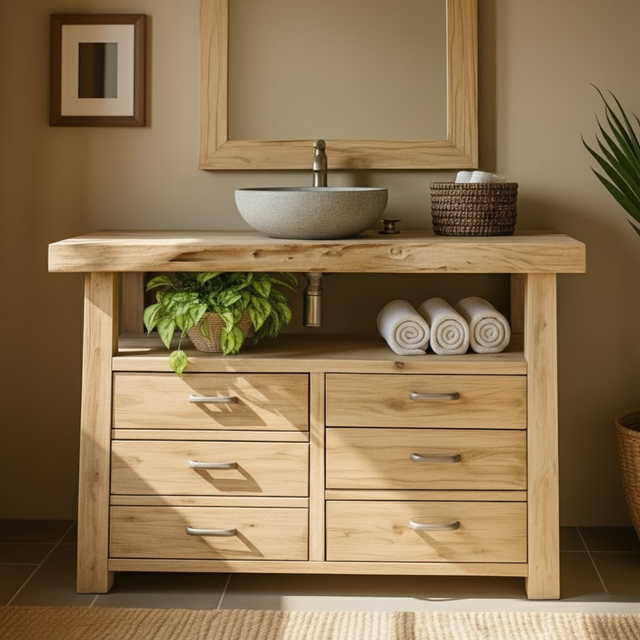 Handcrafted Solid Wood Bathroom Vanity with Live Edge Maple Top and 6 Storage Drawers