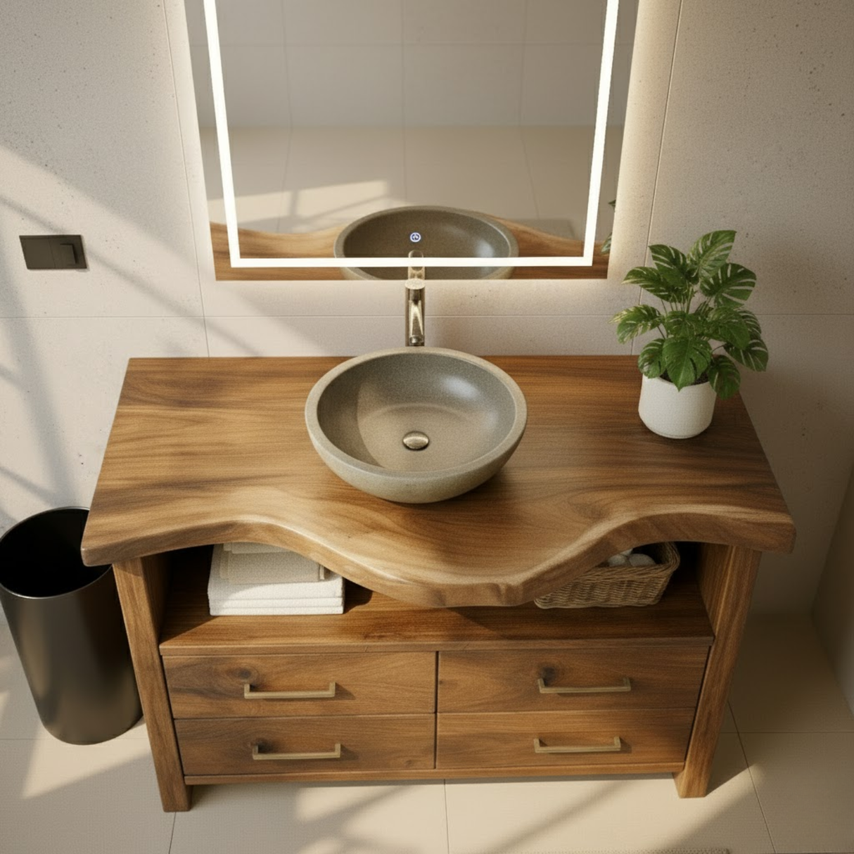 Handcrafted Solid Wood Bathroom Vanity with Live Edge Walnut Top and 4 Storage Drawers