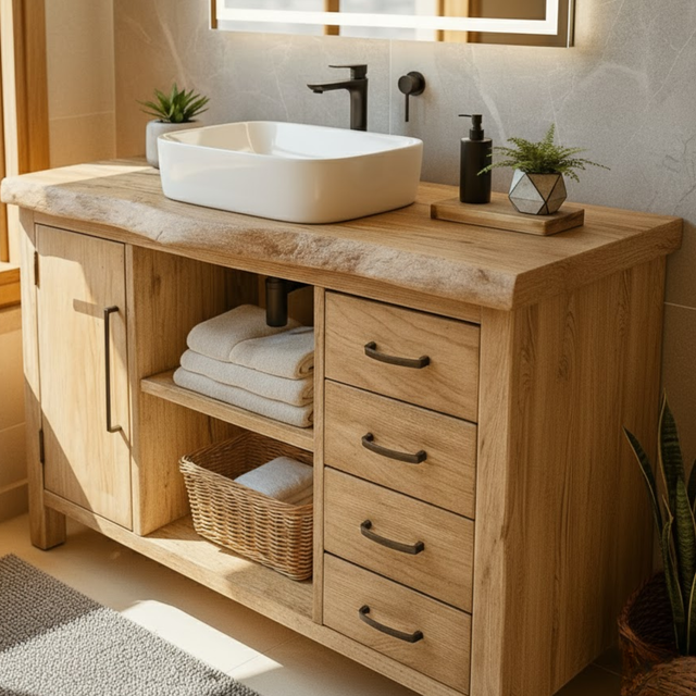 Handcrafted Solid Wood Bathroom Vanity with Live Edge Oak Top and Open Storage