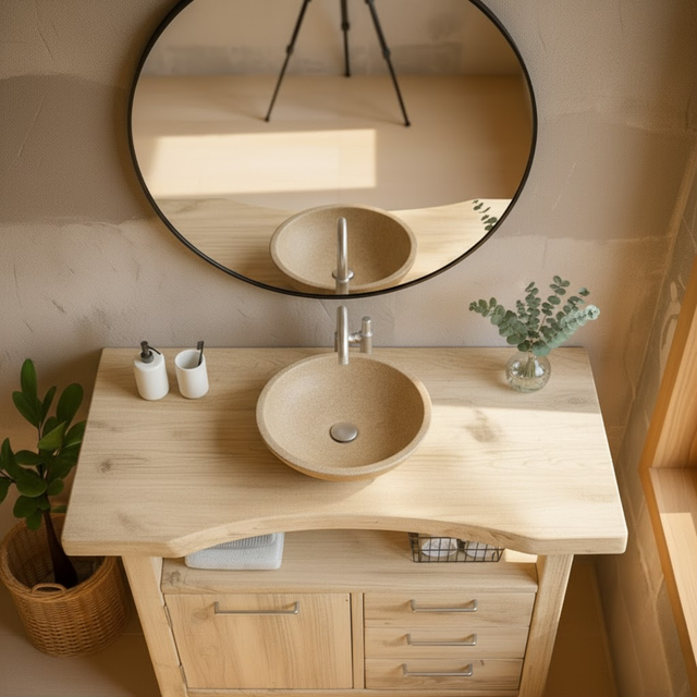 Handcrafted Solid Wood Bathroom Vanity with Live Edge Oak Top and Storage Drawers