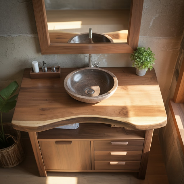 Handcrafted Solid Wood Bathroom Vanity with Live Edge Walnut Top and Storage Drawers