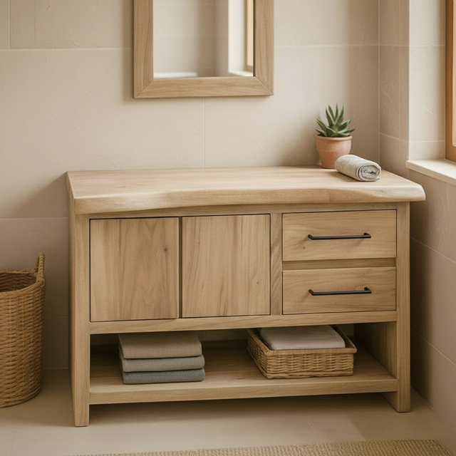 Handcrafted Solid Wood Bathroom Vanity with Live Edge Maple Top and Storage Shelves
