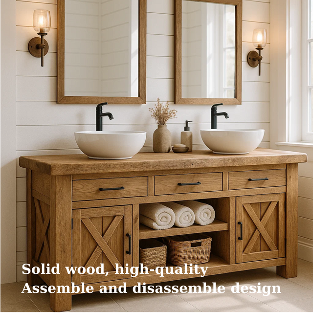 Handcrafted Solid Wood Double Bathroom Vanity - Farmhouse X-Door Cabinet Storage