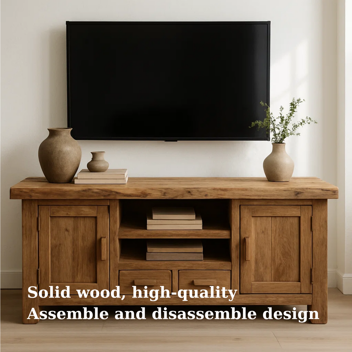 Handcrafted Solid Wood TV Stand - Rustic Oak Media Console with Open Shelving