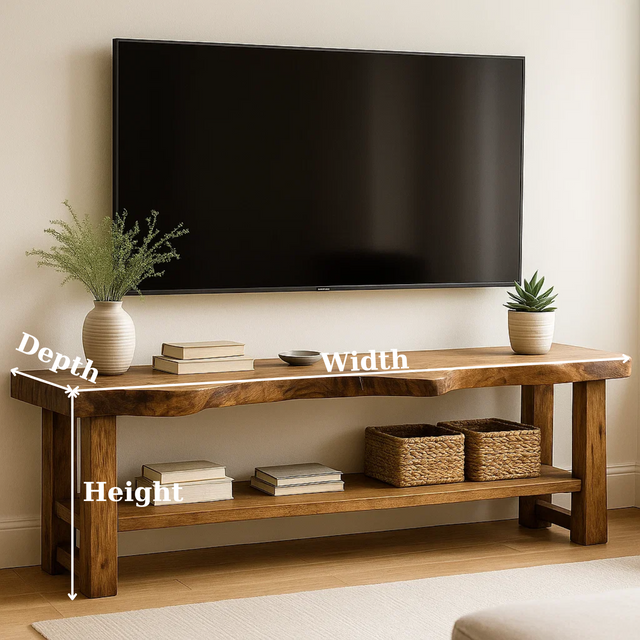 Handcrafted Solid Wood TV Stand - Live Edge Two-Tier Media Console with Storage Shelf