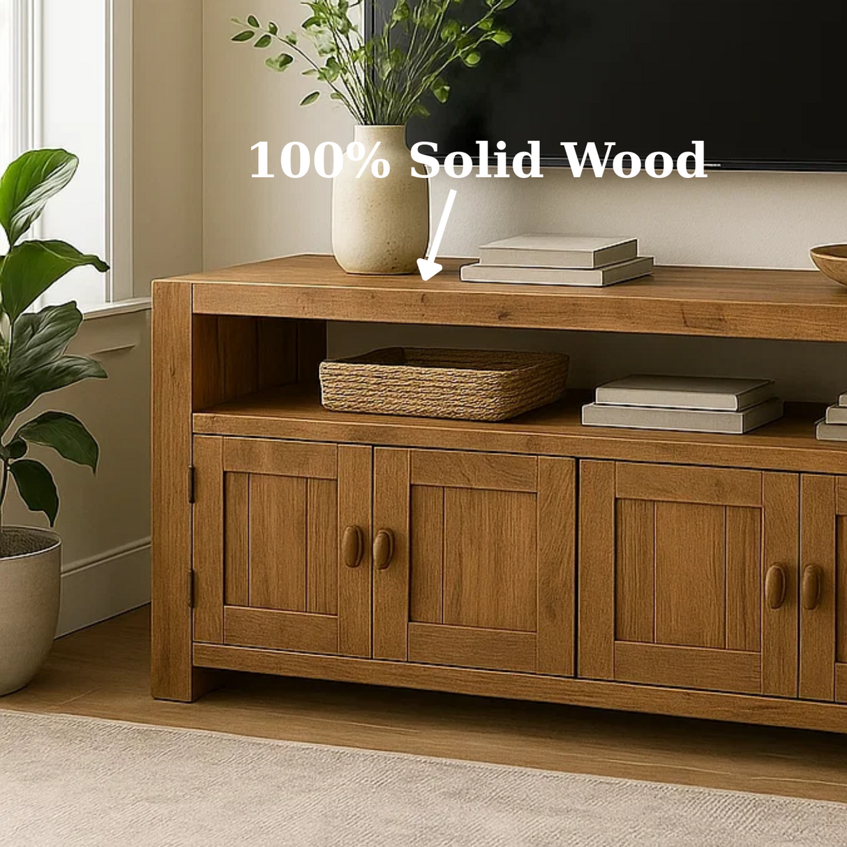 Handcrafted Solid Wood TV Stand - Rustic 4-Door Media Console with Storage Shelf