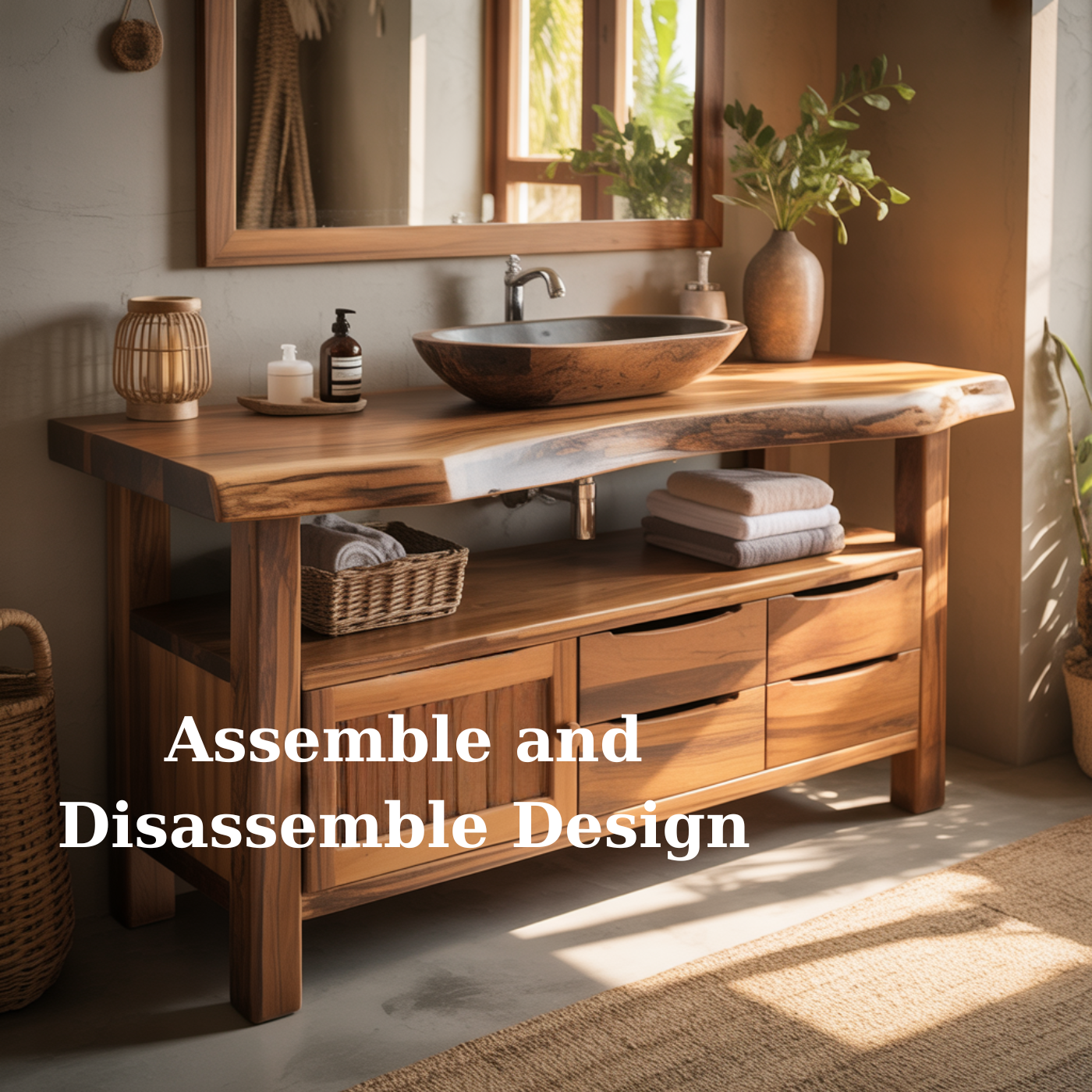 Handcrafted Solid Wood Live Edge Bathroom Vanity - Drawer, Cabinet & Open Storage