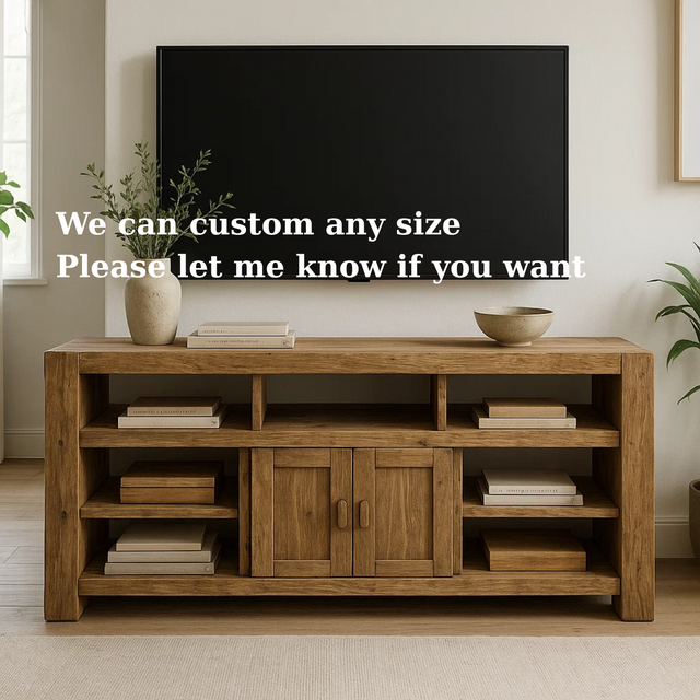 Handcrafted Solid Wood TV Stand - Rustic Media Console with Open Shelves and Central Cabinet