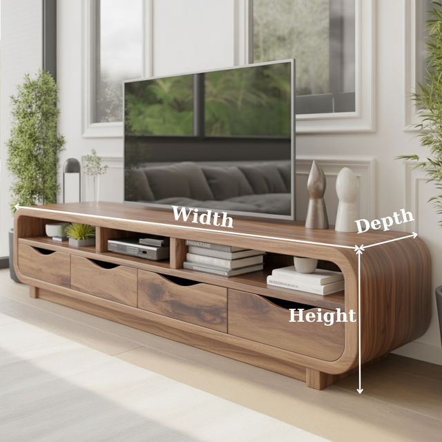 Handcrafted Solid Wood TV Stand - Modern Curved Media Console with Drawers & Open Storage