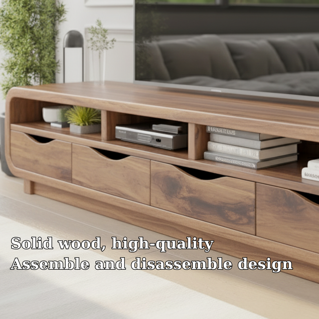 Handcrafted Solid Wood TV Stand - Modern Curved Media Console with Drawers & Open Storage