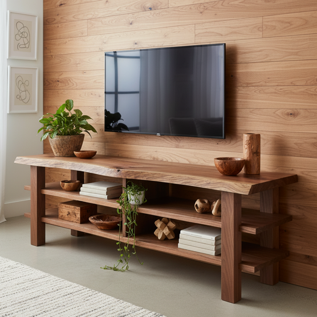 Handcrafted Solid Wood TV Stand - Live Edge Two-Tier Media Console, Easy Assembly