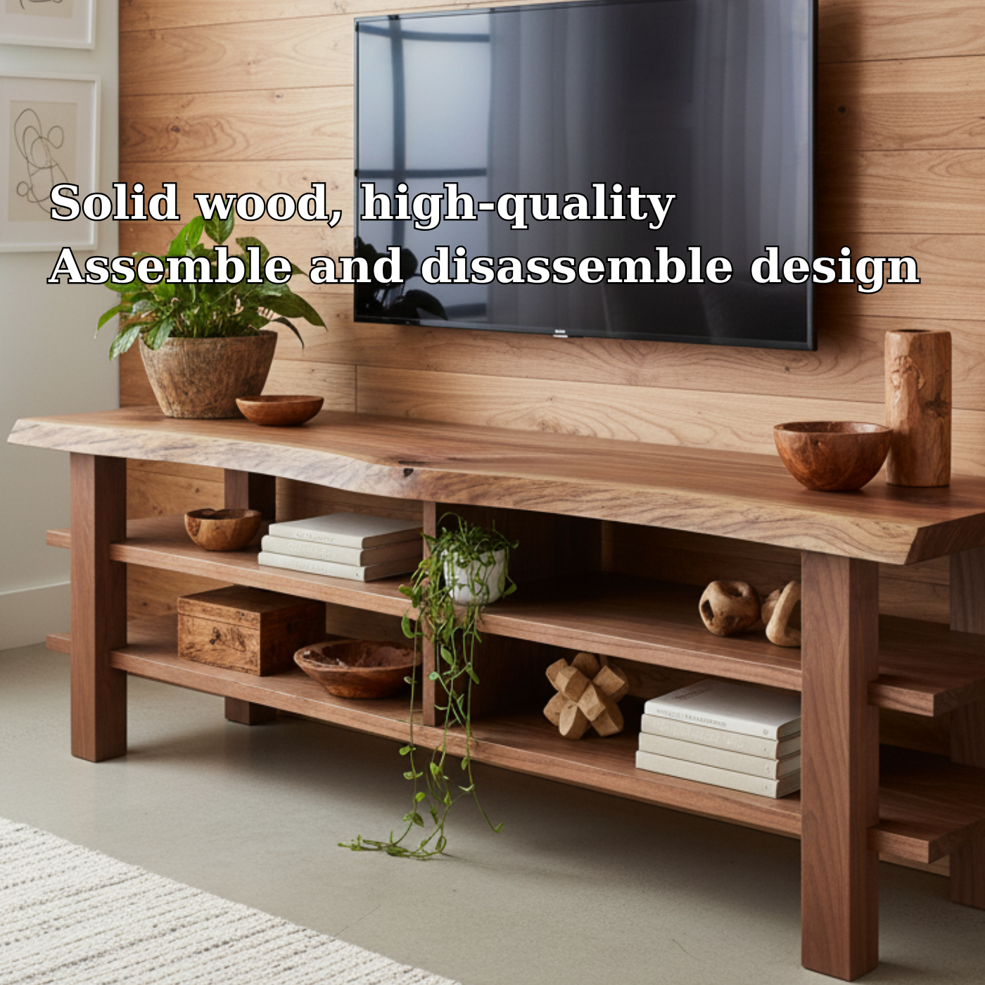 Handcrafted Solid Wood TV Stand - Live Edge Two-Tier Media Console, Easy Assembly