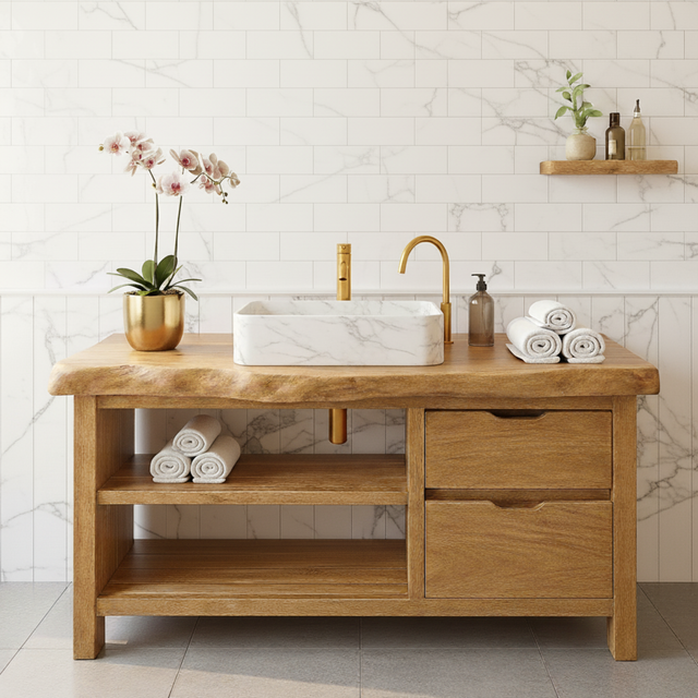 Handcrafted Solid Wood Live Edge Vanity - Drawer & Open Shelf Storage