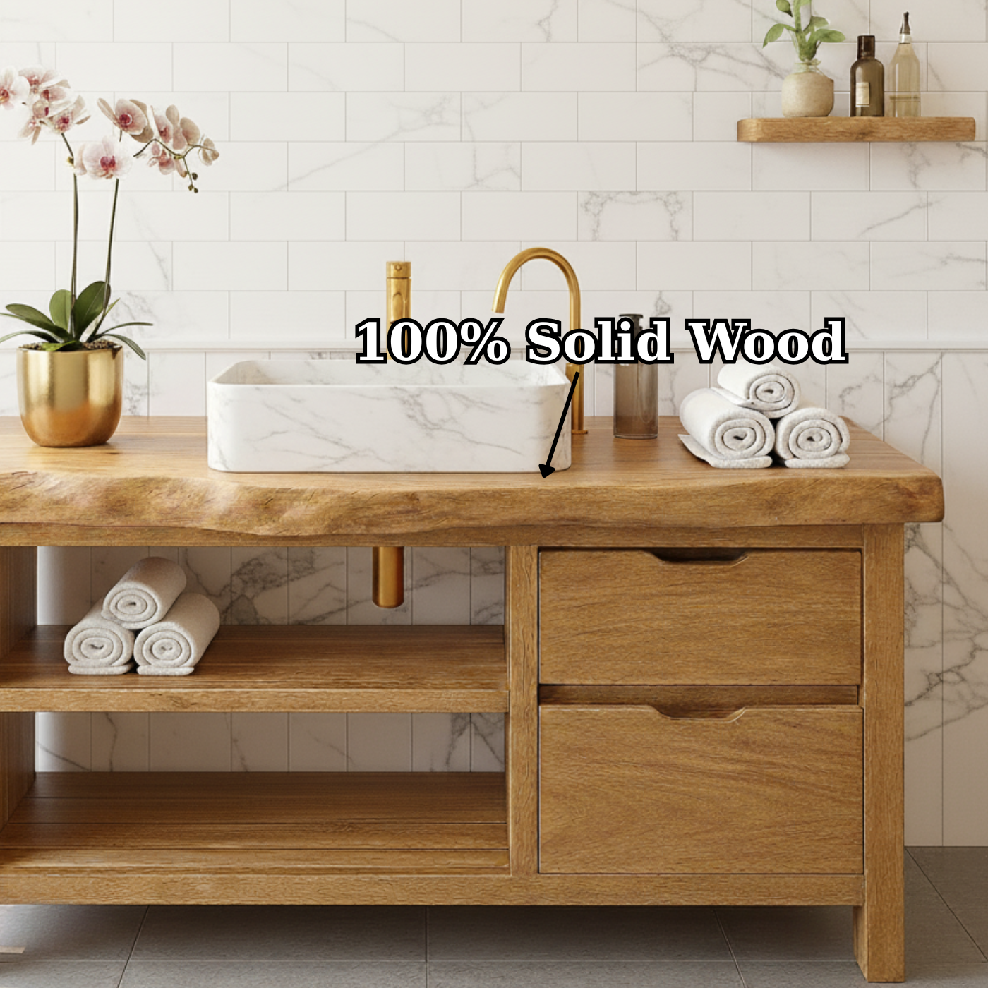 Handcrafted Solid Wood Live Edge Vanity - Drawer & Open Shelf Storage
