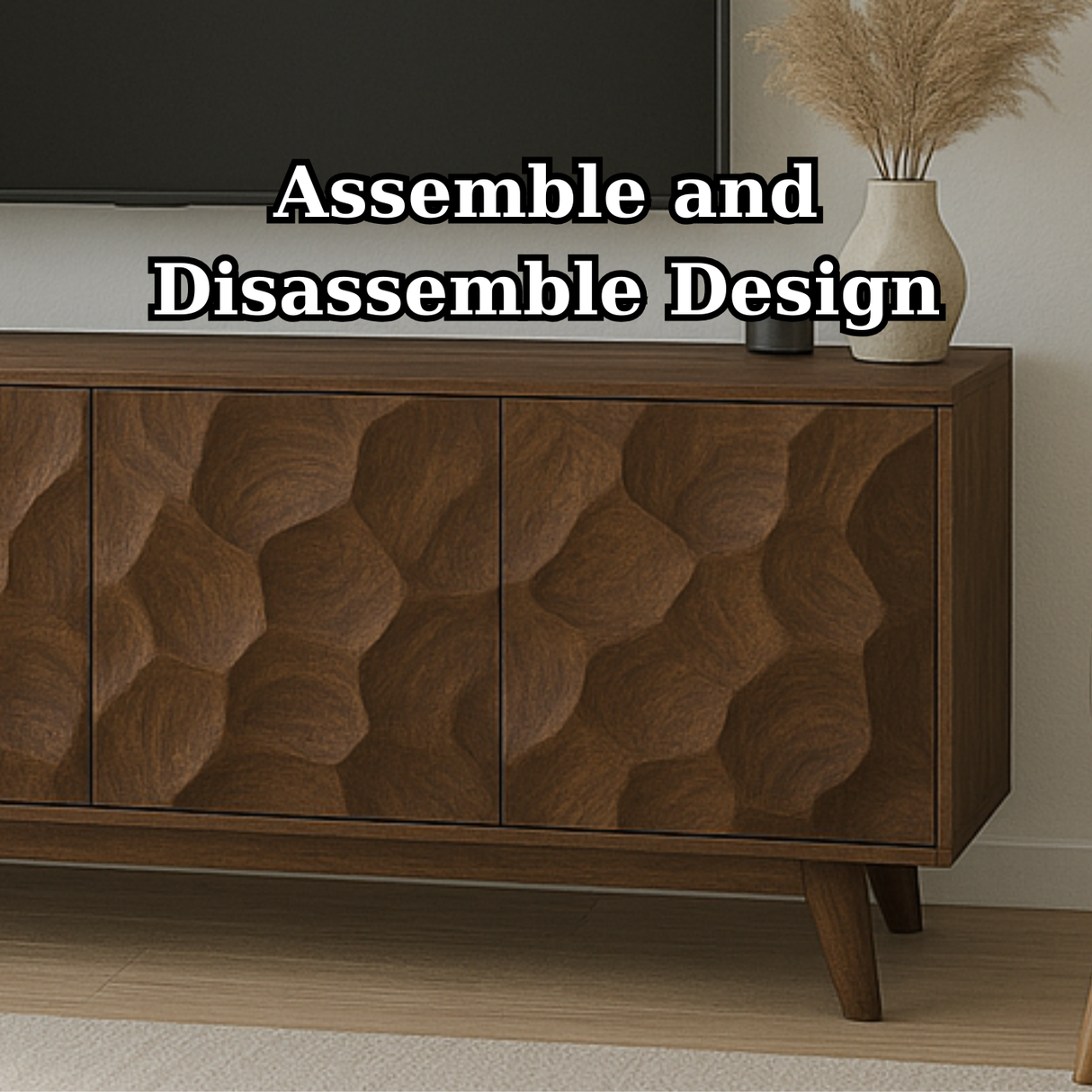 Handcrafted Solid Wood TV Stand - Mid-Century Modern Console with Wave Carved Doors