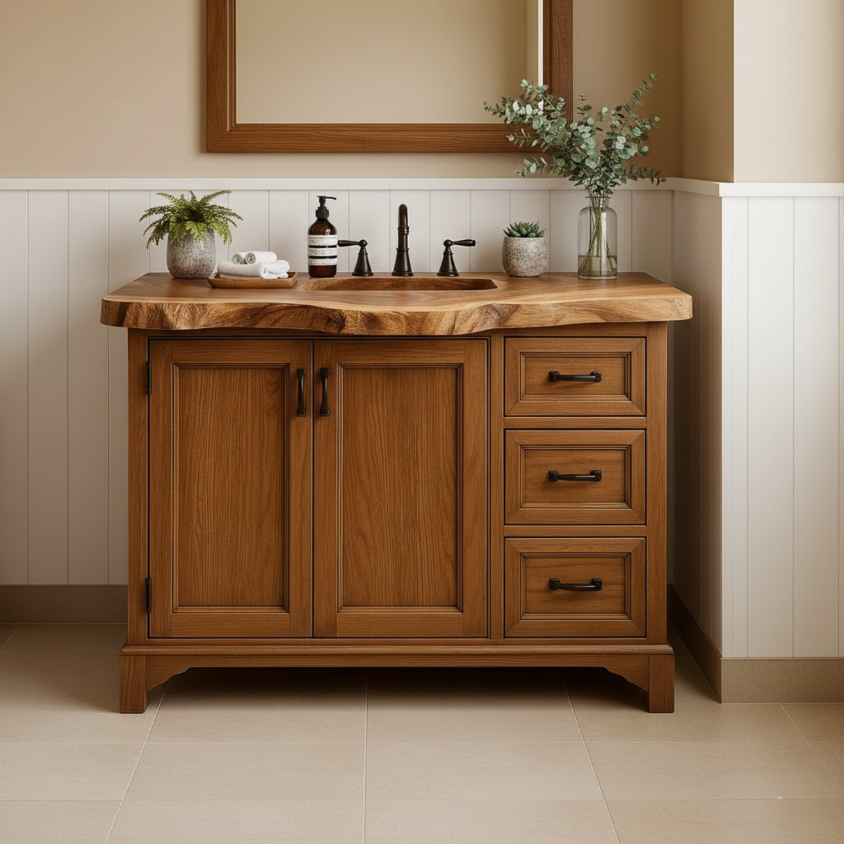 Handcrafted Solid Wood Single Sink Bathroom Vanity - Rustic Live Edge Cabinet with Drawer Storage