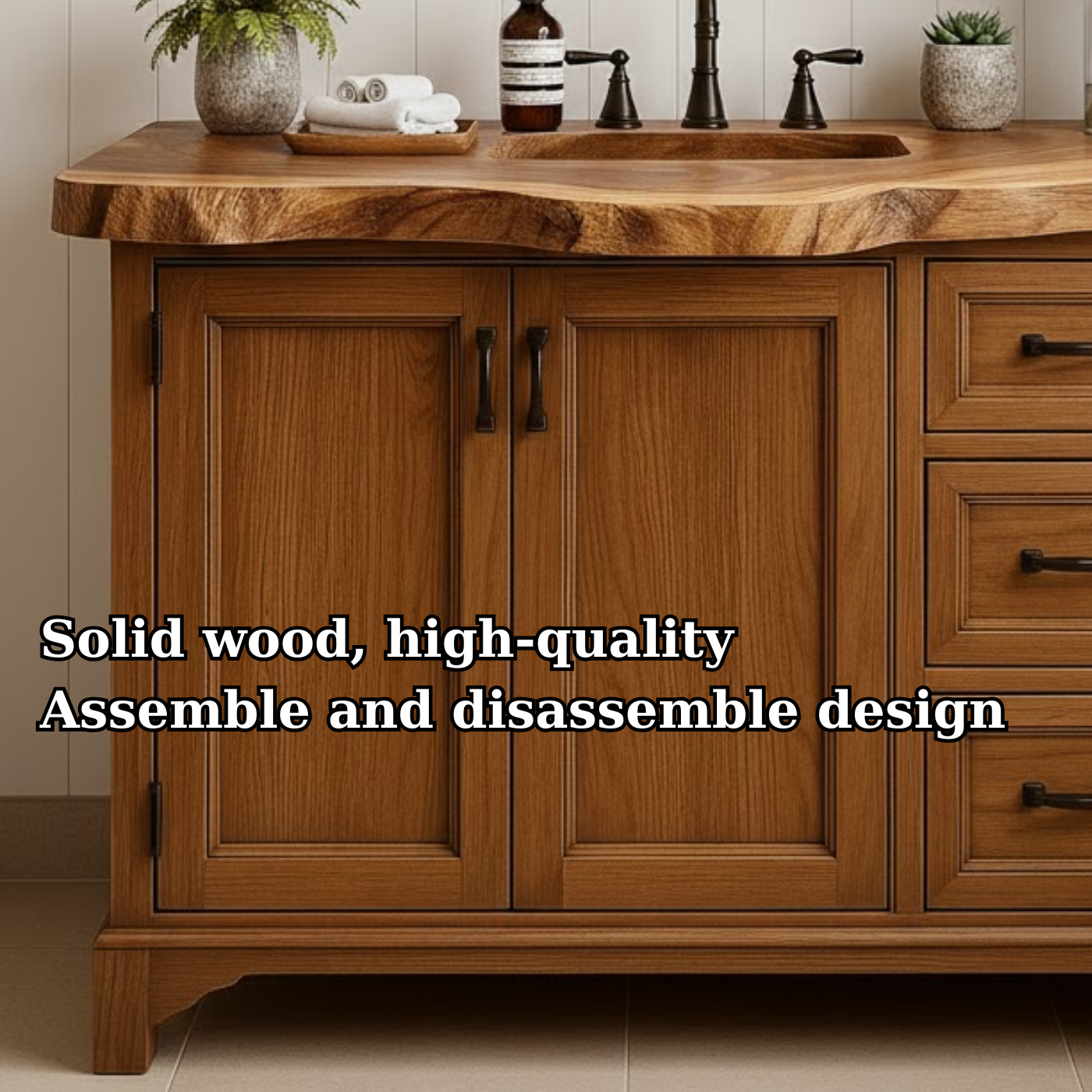 Handcrafted Solid Wood Single Sink Bathroom Vanity - Rustic Live Edge Cabinet with Drawer Storage
