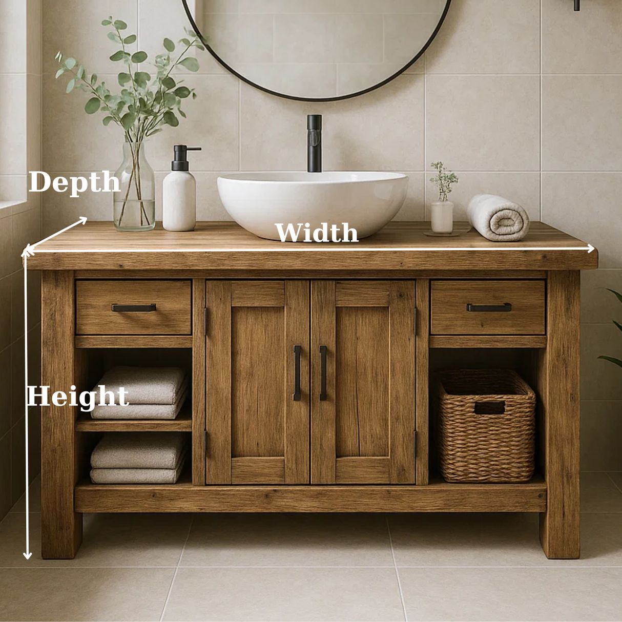 Handcrafted Farmhouse Solid Wood Bathroom Vanity - Rustic Washstand with Open Shelves and Vessel Sink Top