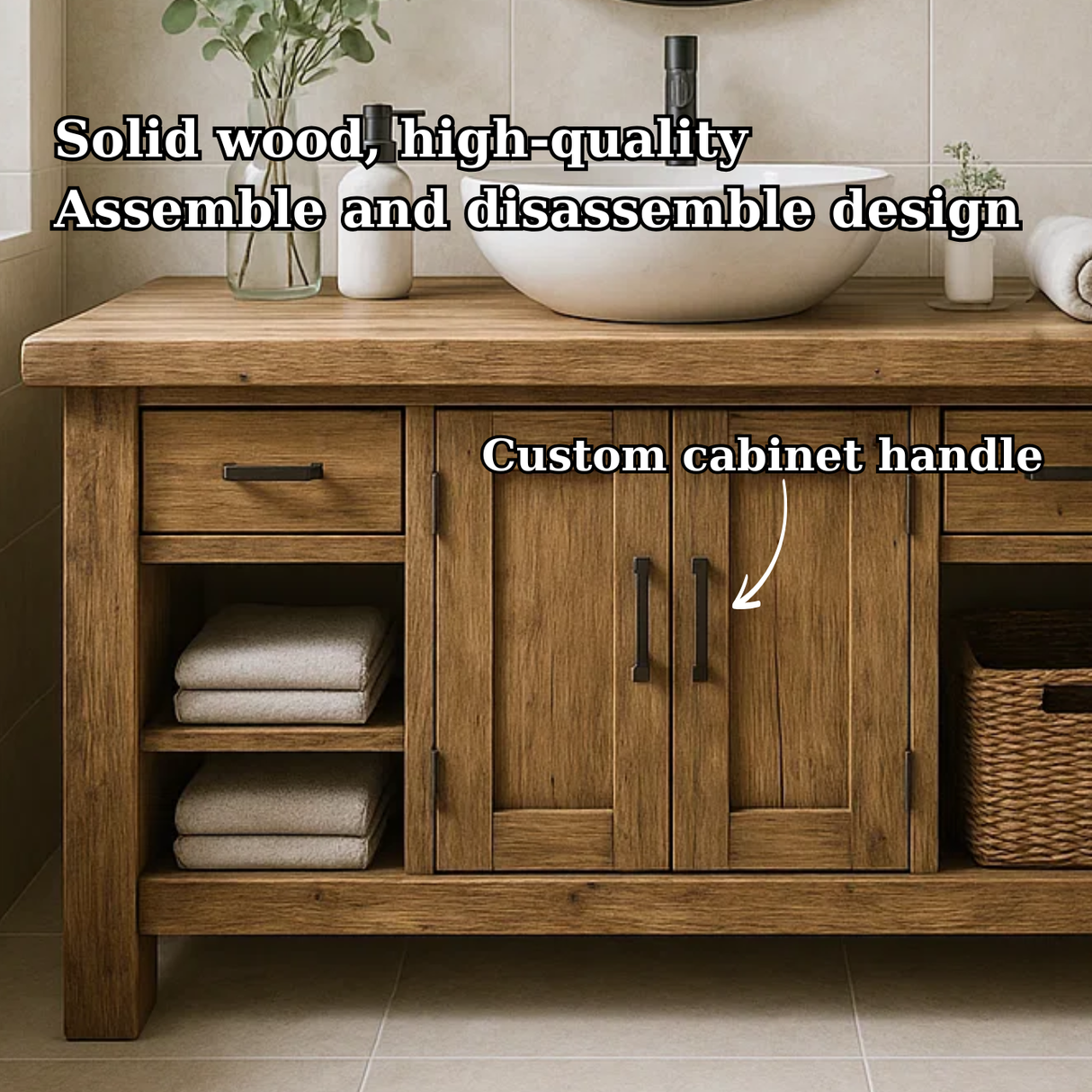 Handcrafted Farmhouse Solid Wood Bathroom Vanity - Rustic Washstand with Open Shelves and Vessel Sink Top