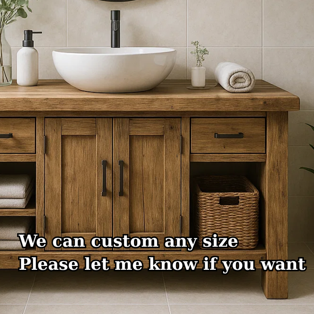 Handcrafted Farmhouse Solid Wood Bathroom Vanity - Rustic Washstand with Open Shelves and Vessel Sink Top