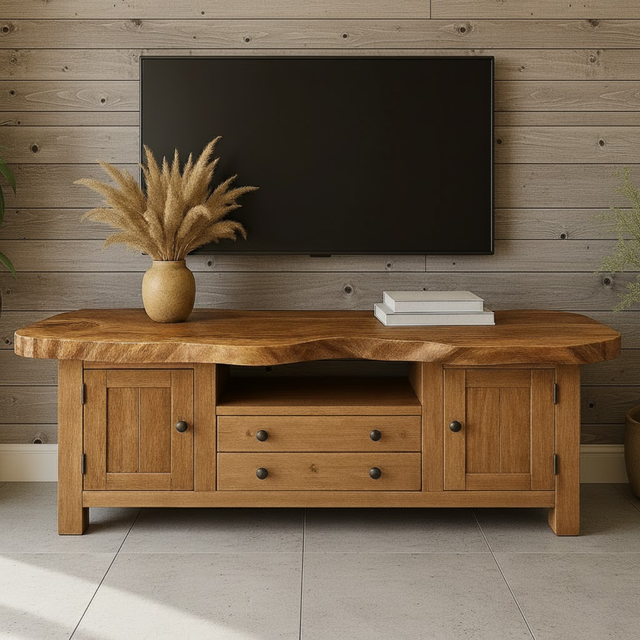 Handcrafted Solid Wood TV Stand - Live Edge Top Rustic Farmhouse Storage Console